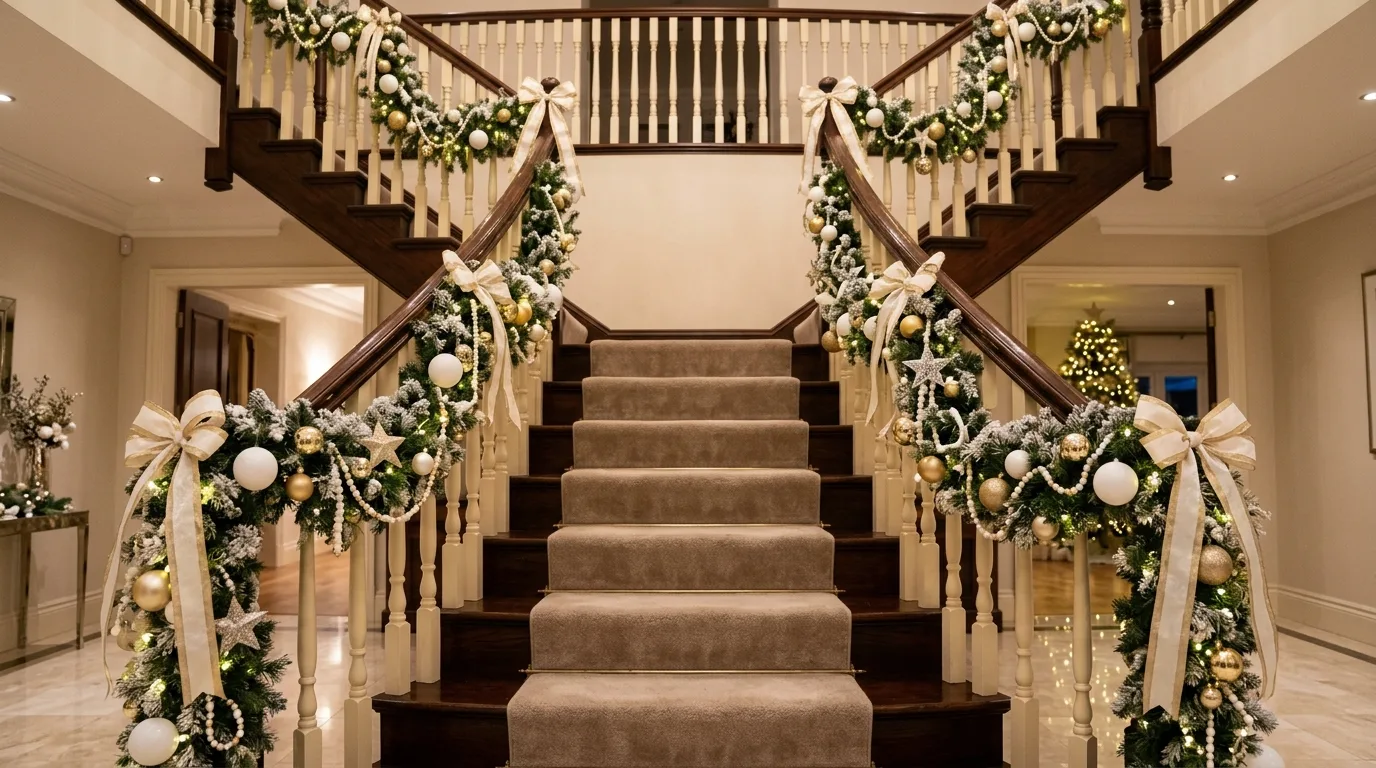 Bring in warm lights for a richer evening glow inspiration for a Christmas staircase.